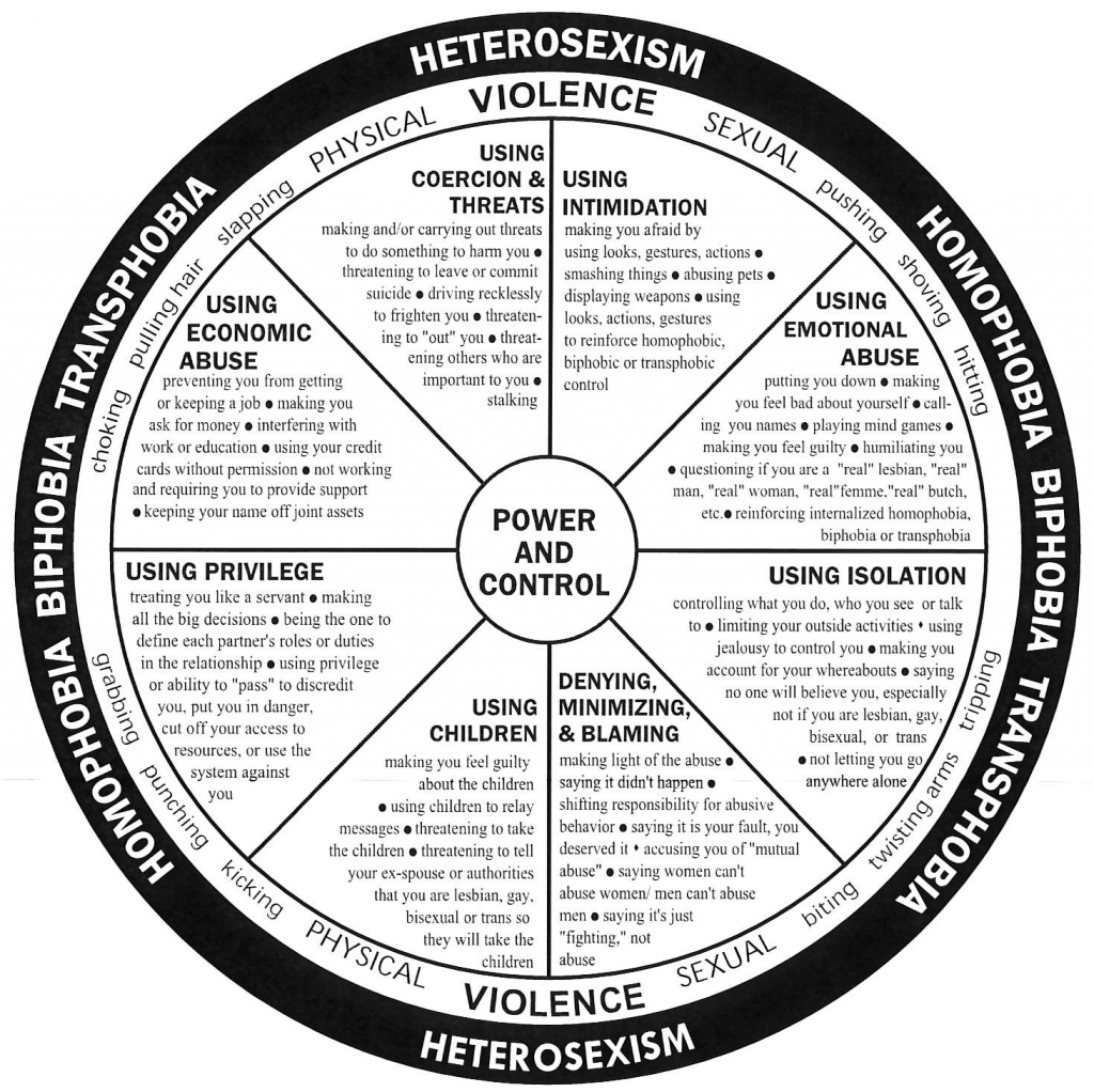 The LGBTQ power and control wheel shows 8 categories or tactics of abuse that an abusive partner may use towards a victim or survivor. 